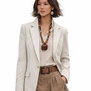 Cream coloured MNG Mango pinstripe blazer, 55% linen